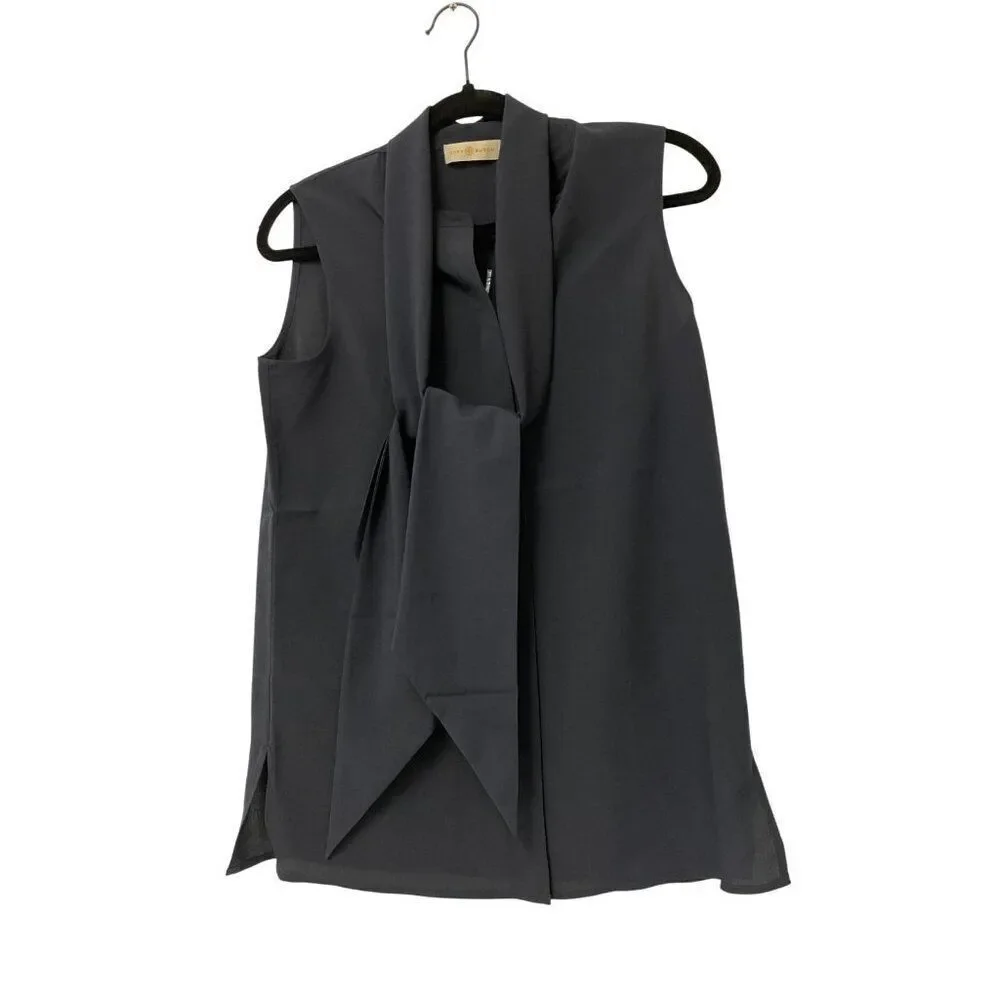 Tory Burch Womens Top Size 2 Navy Blue Sleeveless Bow Blouse High Neck NWT $250
